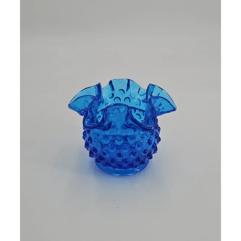 Vintage Fenton Colonial Blue Hobnail 3" Double Crimped Rim Glass Flower Vase - Picture 2 of 8